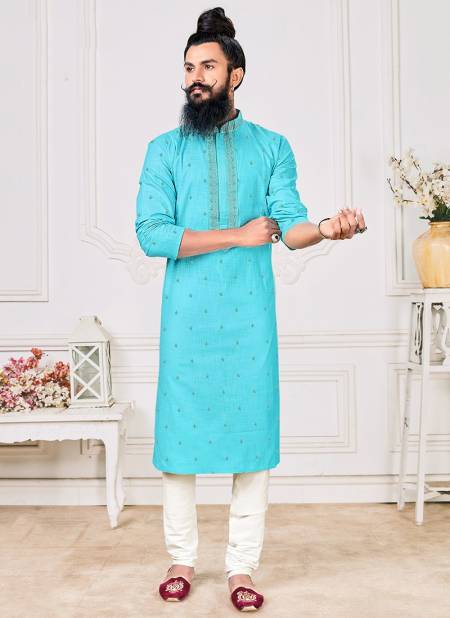 Sky Blue Colour Exclusive Festive Wear Poly With Embroidery Kurta Pajama Mens Collection RYN-KP-6